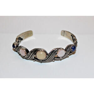 Vintage Sterling Silver Cuff Bracelet Blue & White Stone 6.25" 26.8g